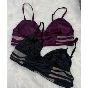 Victoria's Secret Strappy Mesh Long Line Satin Maroon Black Bralette Set Size L